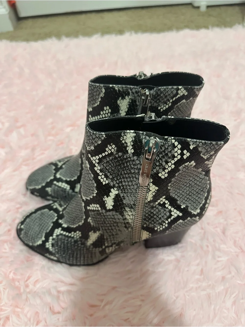 Nine West Black and Gray Snake-Print Ankle Booties
